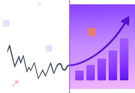 Split image showing a jagged downward line graph on the left and a smooth upward rising bar chart with an arrow on the right.